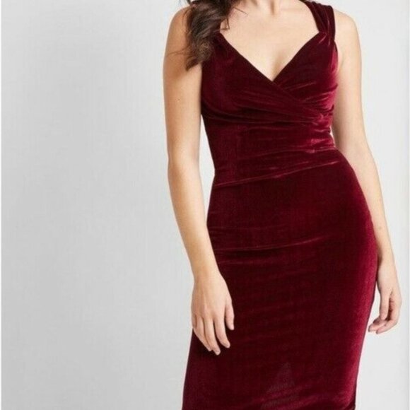 Modcloth X RockSteady Burgundy Velvet Bodycon Retro Pinup Wiggle Maxi Sz 1X NWT - Picture 1 of 10